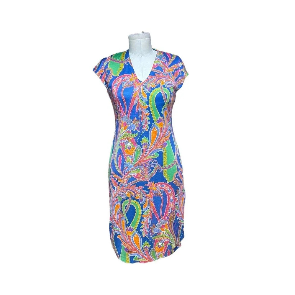 Ralph Lauren Black Label Blue Multicolor Paisley Silk Jersey Sheath Dress Size 4